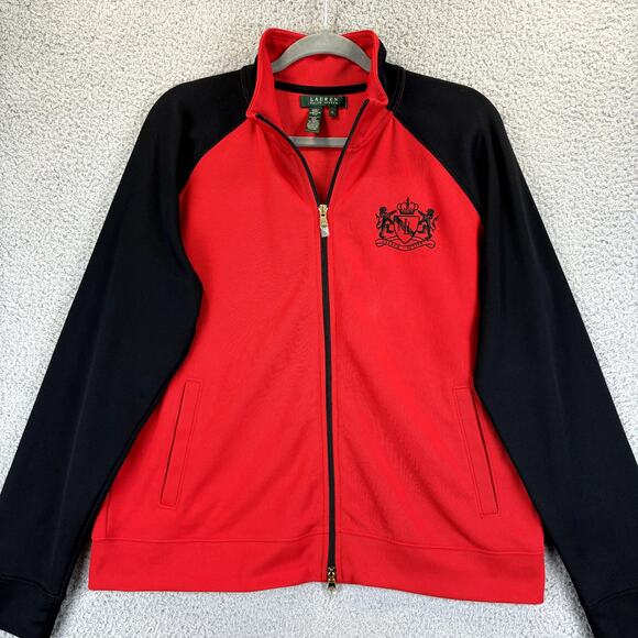 LRL Ralph Lauren Jacket Womens XL Red Preppy Crest Logo Lightweight Pockets LS - Picture 2 of 10